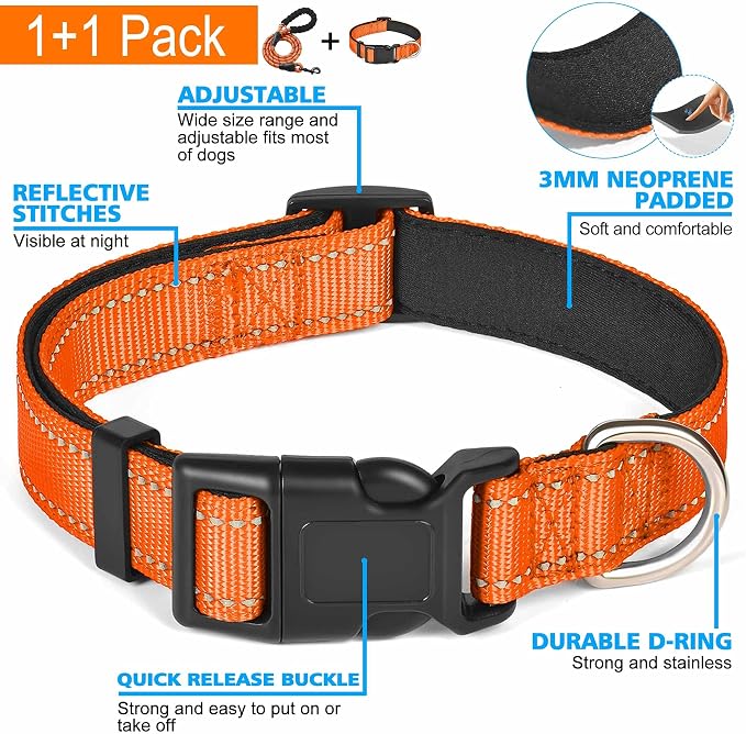 Ladoogo Reflective Dog Collar Padded with Soft Neoprene Breathable Adjustable Nylon Dog Collars for Small Medium Large Dogs (Small (Pack of 1), Orange Collar+Leash)