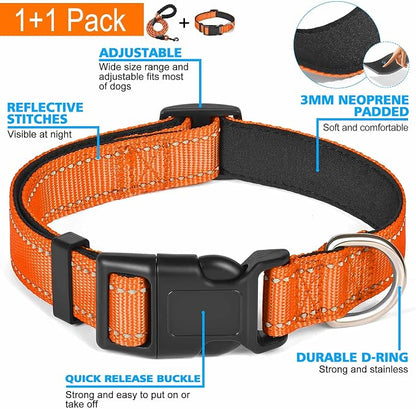 Ladoogo Reflective Dog Collar Padded with Soft Neoprene Breathable Adjustable Nylon Dog Collars for Small Medium Large Dogs (Small (Pack of 1), Orange Collar+Leash)