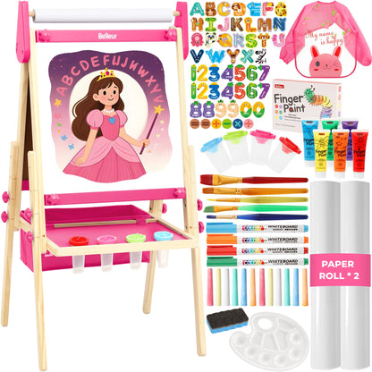 Belleur All-in-One Art Easel for Kids, Adjustable Double Sided Easel for Toddlers with Magnetic Whiteboard & Dry-Erase Chalk Board & Paper Roll, Child Painting Easel for Kid 2-8 Birthday Gift - Pink