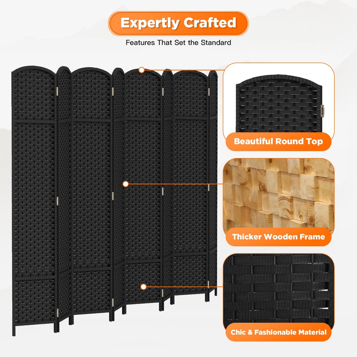 Room Divider 8 Panel Screen 5.6 Ft Tall Partition Room Dividers Black Privacy Screens Folding Room Separation Free Standing Waterproof Wood Frame Wall Divider