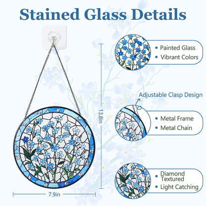 Sahoottie Forget Me Not Flower Stained Glass Window Hanging 7.9in