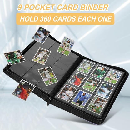 360 Cards Ringless 9-Pocket Side Loading Trading Card Binder, PU Zipper Fixed Page Card Album for TCG Sports Cards, Not Fit Top Loaders (Black)