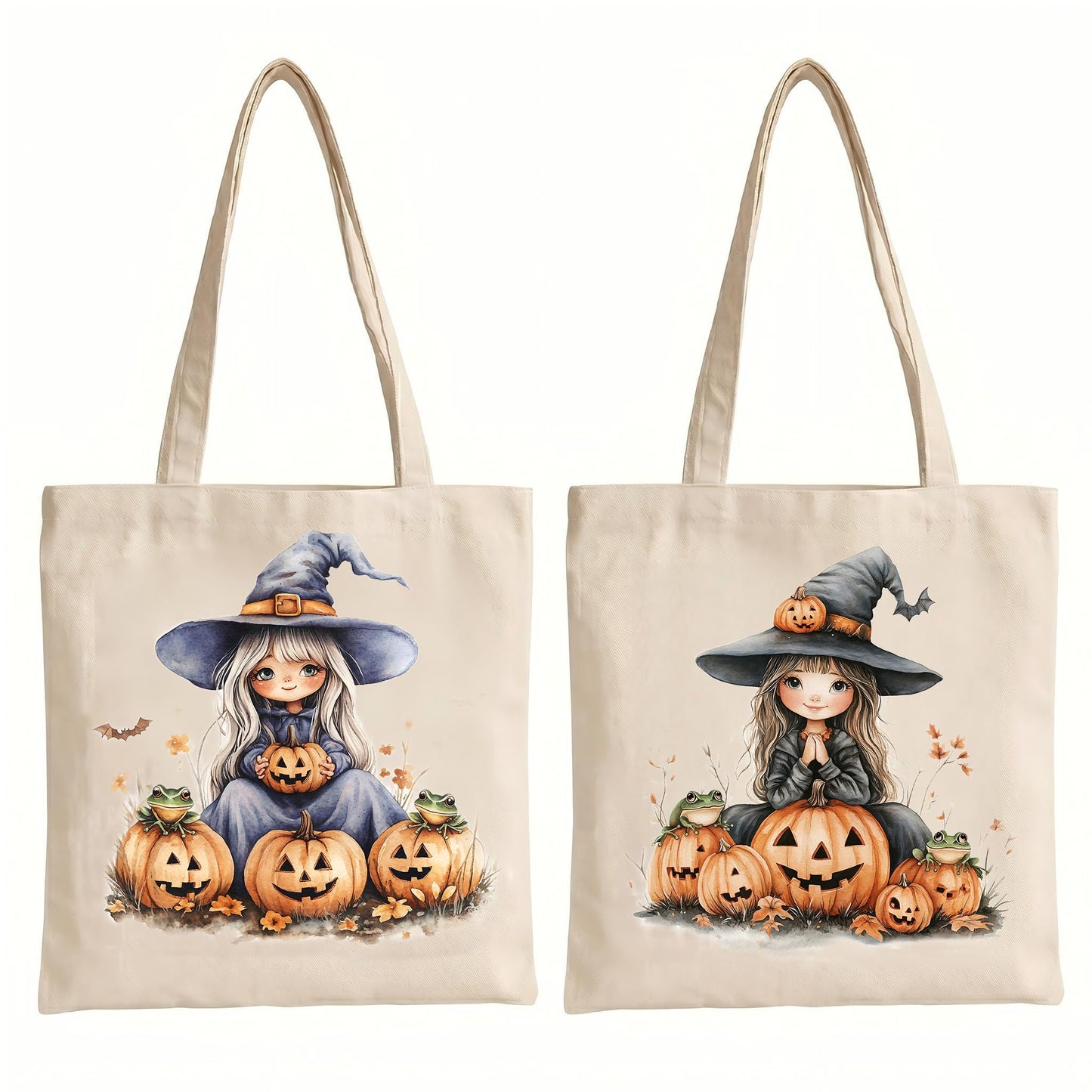 Fall Halloween Tote Bags 2Pcs, Cotton Blend Canvas Tote with Pumpkin Ghost Witch Prints, Reusable Shoulder Bags for Thanksgiving Party Trick or Treat Gift (witch&pumpkin)