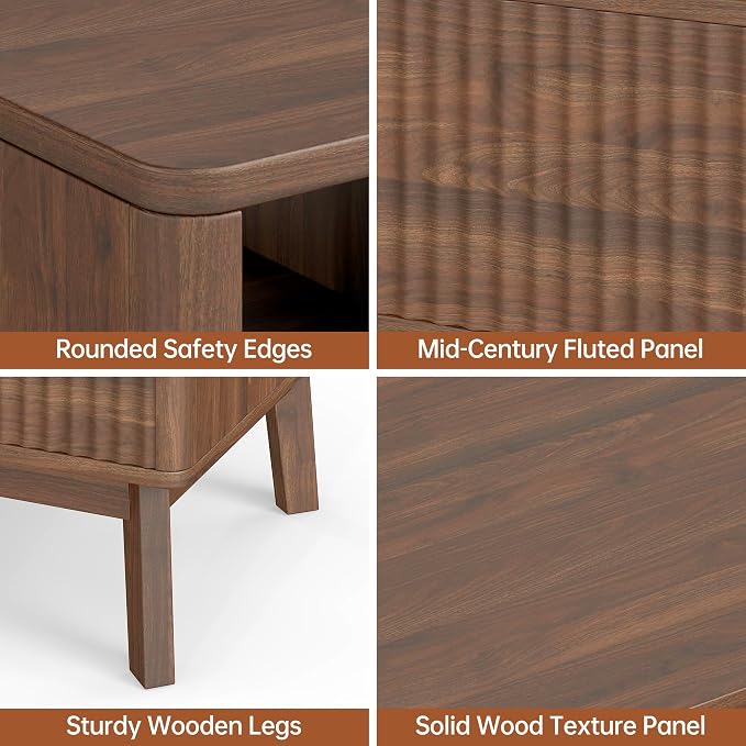 Fluted Lift Top Coffee Table with Storage Shelf and Hidden Compartment, Mid Century Modern Wooden Center Table for Living Room, Home Office, Walnut