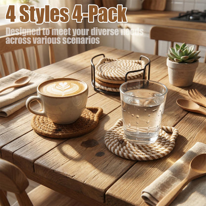 shuielai 4 Pack Cat Ear Cotton Woven Absorbent Coasters with Metal Holder - Tabletop Protection Cup Coasters for Home Office Decor