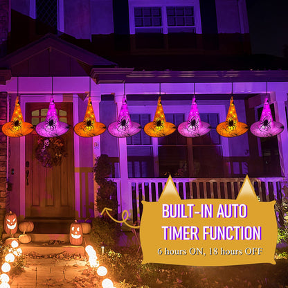 WATERGLIDE Halloween Decorations 8 Pcs Lighted Hanging Witch Hats, with 8 Modes Light Up 16 FT Halloween String Lights, for Indoor Outdoor Yard, Lawn, Graveyard Scenes Party