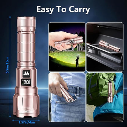 WdtPro LED Rechargeable Flashlight 2 Pack, 3 Modes Super Bright High Lumens Flashlights, Zoomable Tactical Flash Light with LCD Display, IP65 Waterproof Flashlights for Home Emergency Camping - Pink