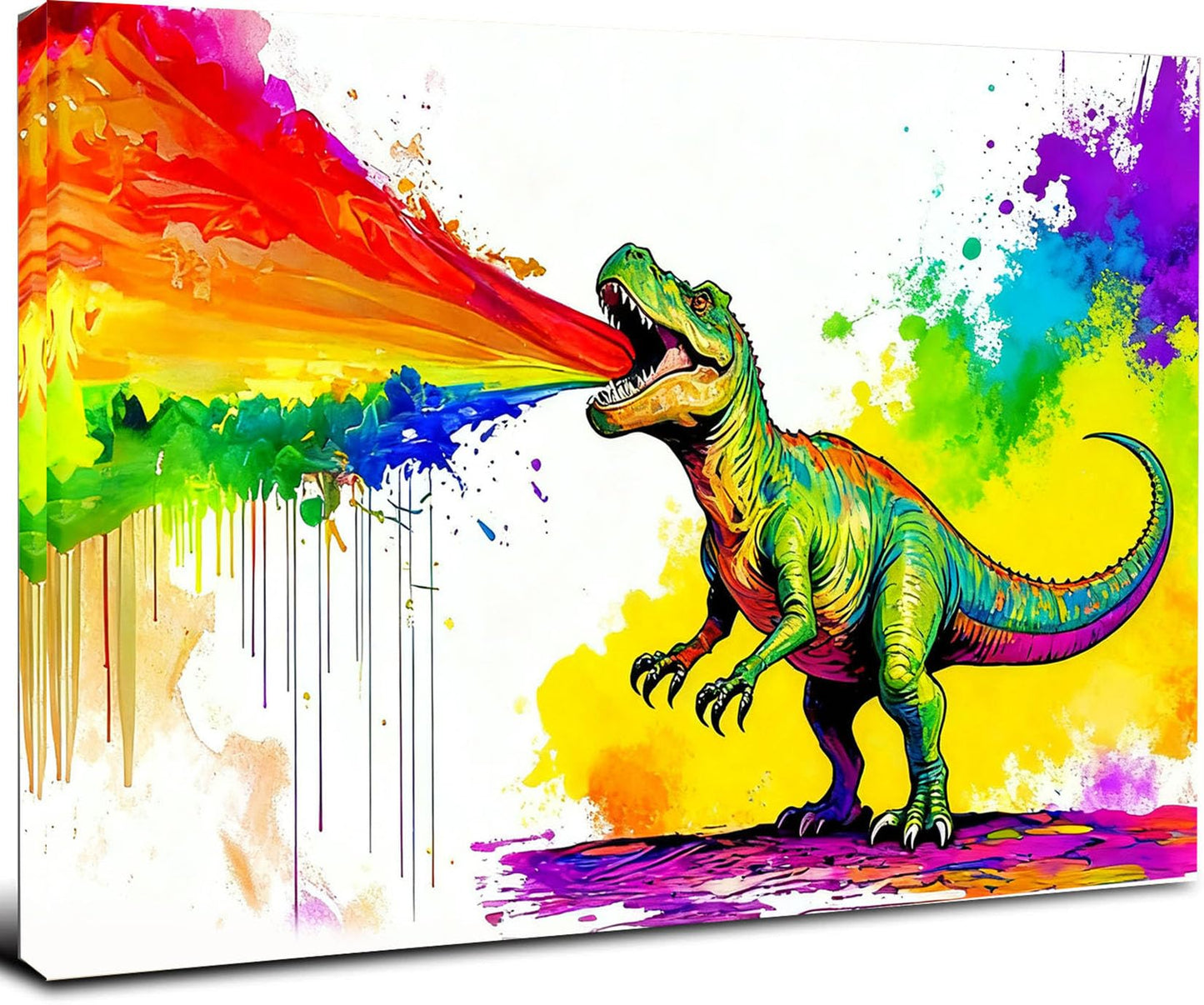 16x24 Graffiti Wall Art Colorful T-Rex Spitting Rainbow Fire Framed Canvas Dianosaur Prints Decor Pop Cartoon Picture Kids Nursey Bathroom Pictures Teen Boys Bedroom Child Funny Animals Posters