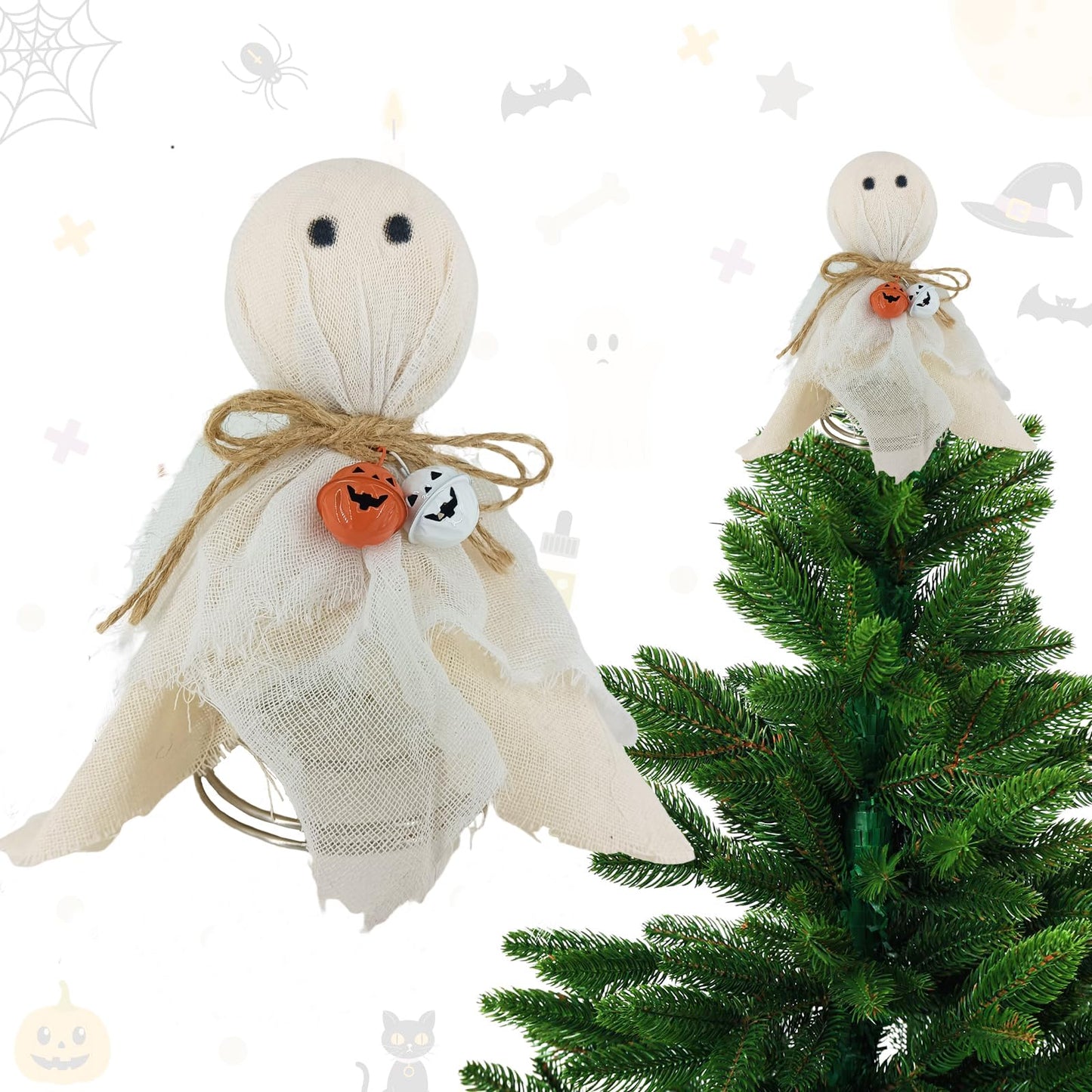 Ghost Halloween Tree Topper, Ghost Mini Christmas Trees Topper Halloween Ornaments, Spooky Decor Autumn Party Supplies (Cute, 3.78" * 3.78" * 7.28")