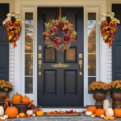 Svndlyn Harvest Teardrop Swag Autumn Floral Swag Wreath with Pumpkin Pine Cones Berries Maple Leaves and Burlap Bow Fall Teardrop Wreath for Home Door Wall Mantel Window Decor