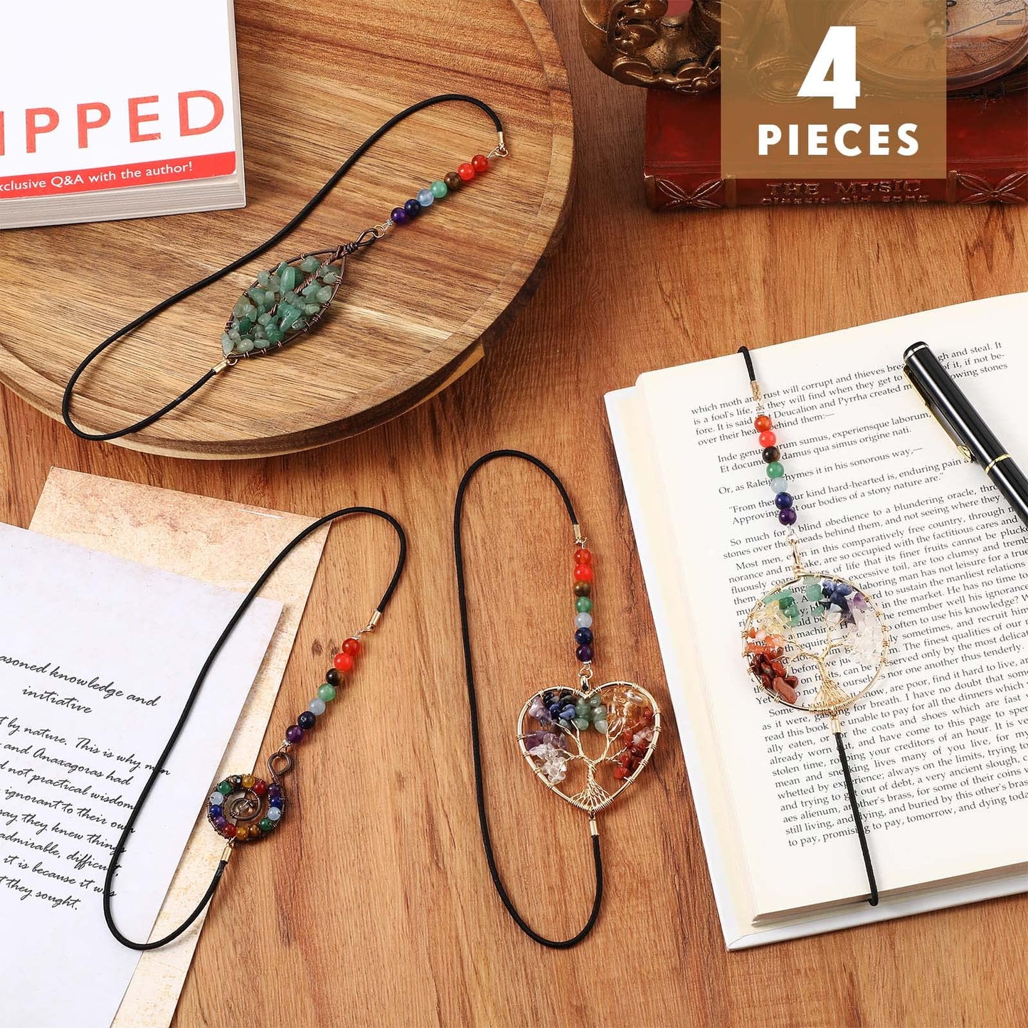 Sabary 4 Pieces Crystal Bookmarks for Book Lovers Tree Elastic Bookmark for Women Handmade Antique Beading 7 Chakra Crystals Tree Shape for Office Teacher Student Reading Birthday Gifts