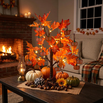 hogardeck Fall Decorations for Home, Thanksgiving Decorations, 24”2FT Lighted Maple Leaves Tree with 24 LEDs & 12 Wood Pumpkin Ornaments, Battery Powered Timer Artificial Trees for Autumn Table Decor