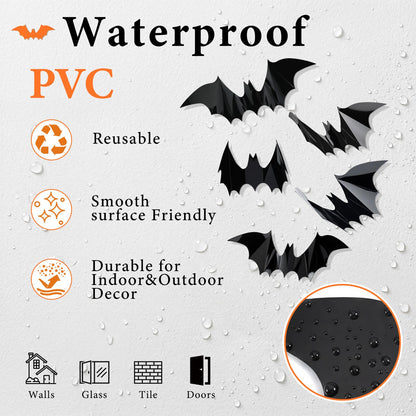 Pinkunn 20 Pcs Large Halloween Bats Wall Decor 15.7 x 5.9 Inch 3D Black Scary Wall Stickers Reusable PVC Gothic Bat Decals for Halloween Party DIY Home Window Door Decorations