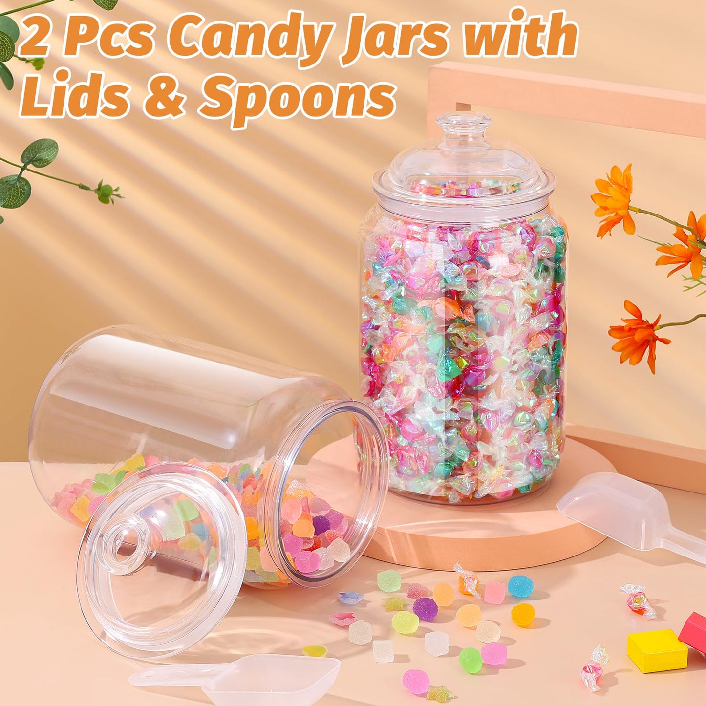 mwellewm 2 Pc Candy Jar with Lids 1 Gallon Large Candy Containers with Spoon Clear Plastic Cookie Dispenser Airtight Apothecary Storage Organization Snack Buffet Bar Dish for Wedding Home Classroom