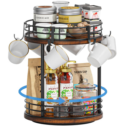 Yelinkws Rotating Coffee Mug Holder Rack Stand, 2 Tier Wooden Coffee Station Bar Organizer for Countertop, Spinning Kitchen Counter Organizer, Mug Shelf with 6 Hooks, Rustic Brown and Black