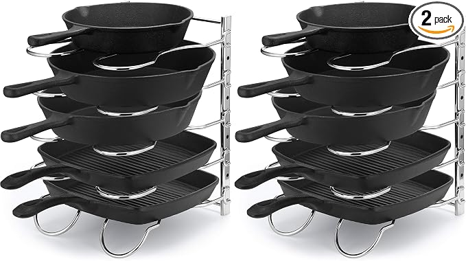 CAXXA Heavy Duty Pan Rack, Pot Lid Rack, Kitchen Cabinet Pantry Cookware Organizer Rack Holder with 5 Adjustable Dividers, Chrome (Pack of 2)