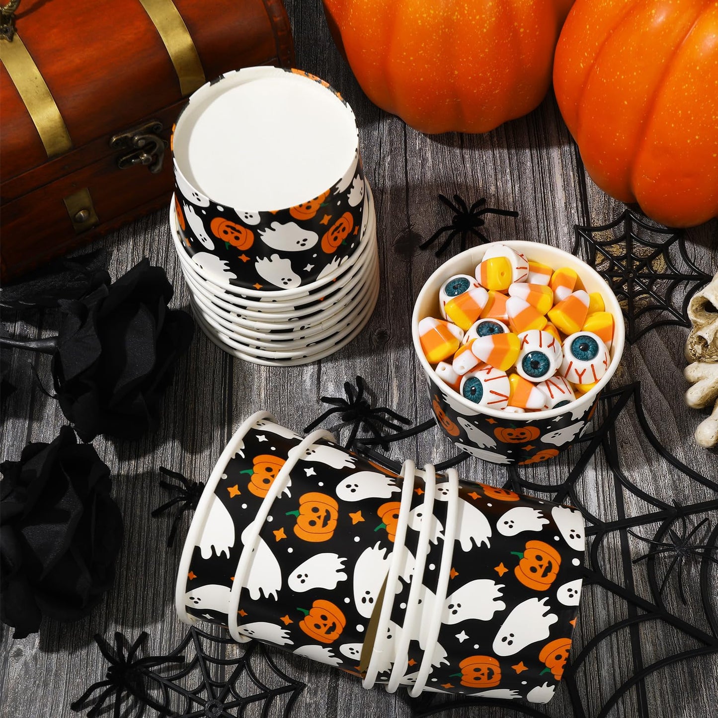 JarThenaAMCS 50Pcs Halloween Treat Snack Cups 8oz Pumpkin Ghost Ice Cream Bowl Spooky Disposable Paper Bowls for Hot Cold Food Halloween Decorations