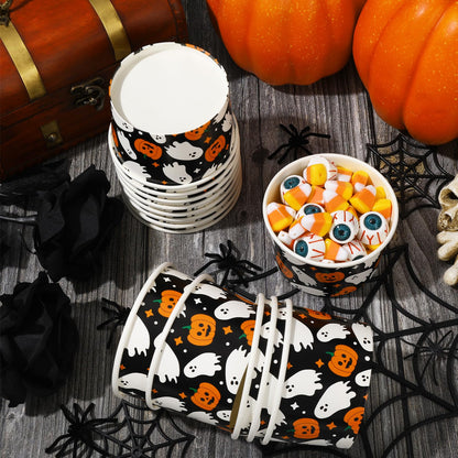 JarThenaAMCS 50Pcs Halloween Treat Snack Cups 8oz Pumpkin Ghost Ice Cream Bowl Spooky Disposable Paper Bowls for Hot Cold Food Halloween Decorations
