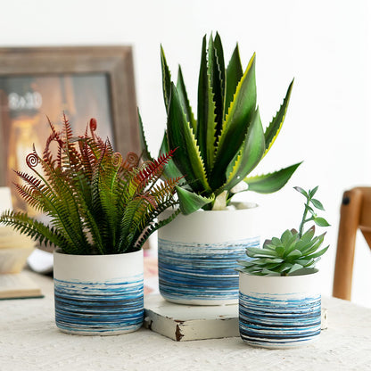 KingZiYu White Ceramic Plant Pots 5.1+4.3+3.7 inch Hand-Painted Small Flower Pot Set of 3 Planters with Drainage Hole and Plug Used for Indoor Plants and Other Outdoor Garden-Blue