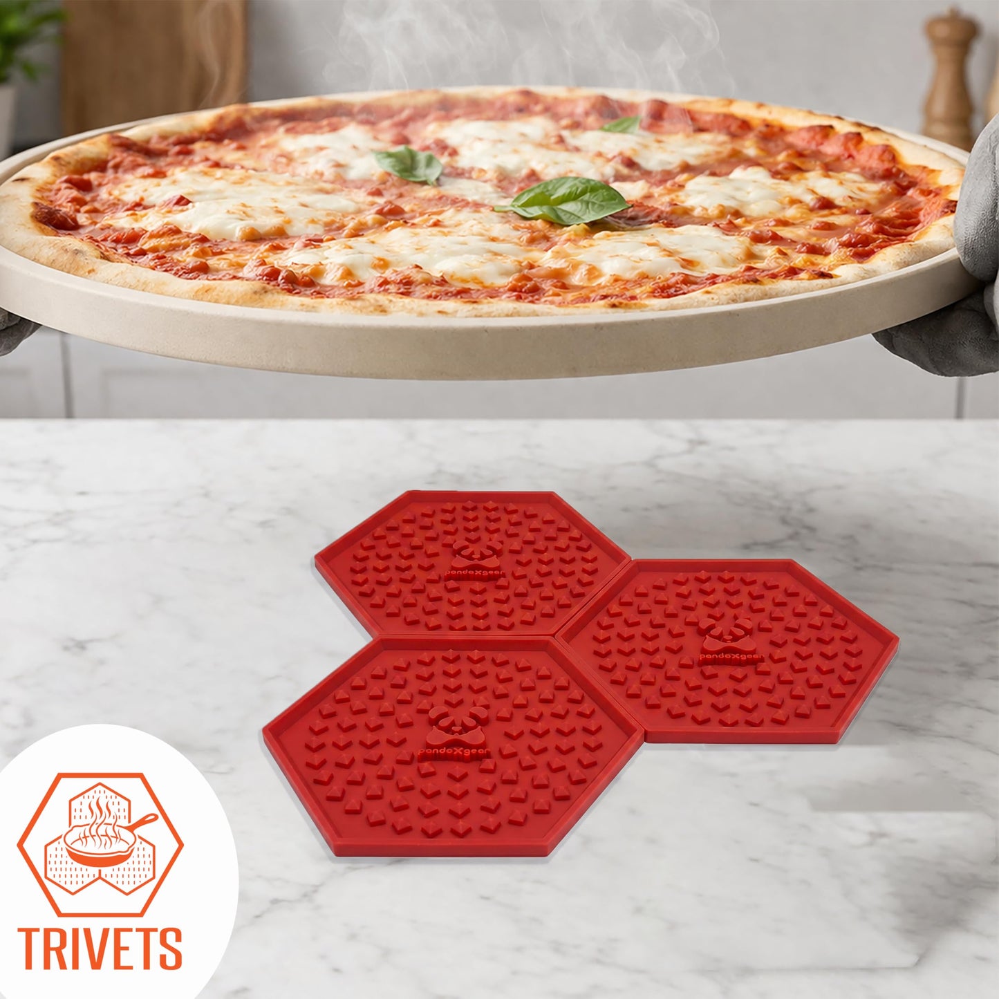 Silicone Coasters for Drinks – 3 Pack Large Red Coaster Set with Holder & Cleaning Brush, Heat Resistant Trivet Coasters, Non-Slip, Jar Opener, Hot Pad – PandaXGear (3 Pack - RED)