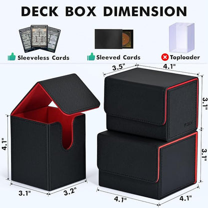 ZLCA Card Deck Box for Trading Cards, MTG YuGiOh Deck Case Holds 100+ Single Sleeved Cards, PU Leather Magnetic Card Storage Box Fits for TCG CCG Magic Game Cards (Black& Red)