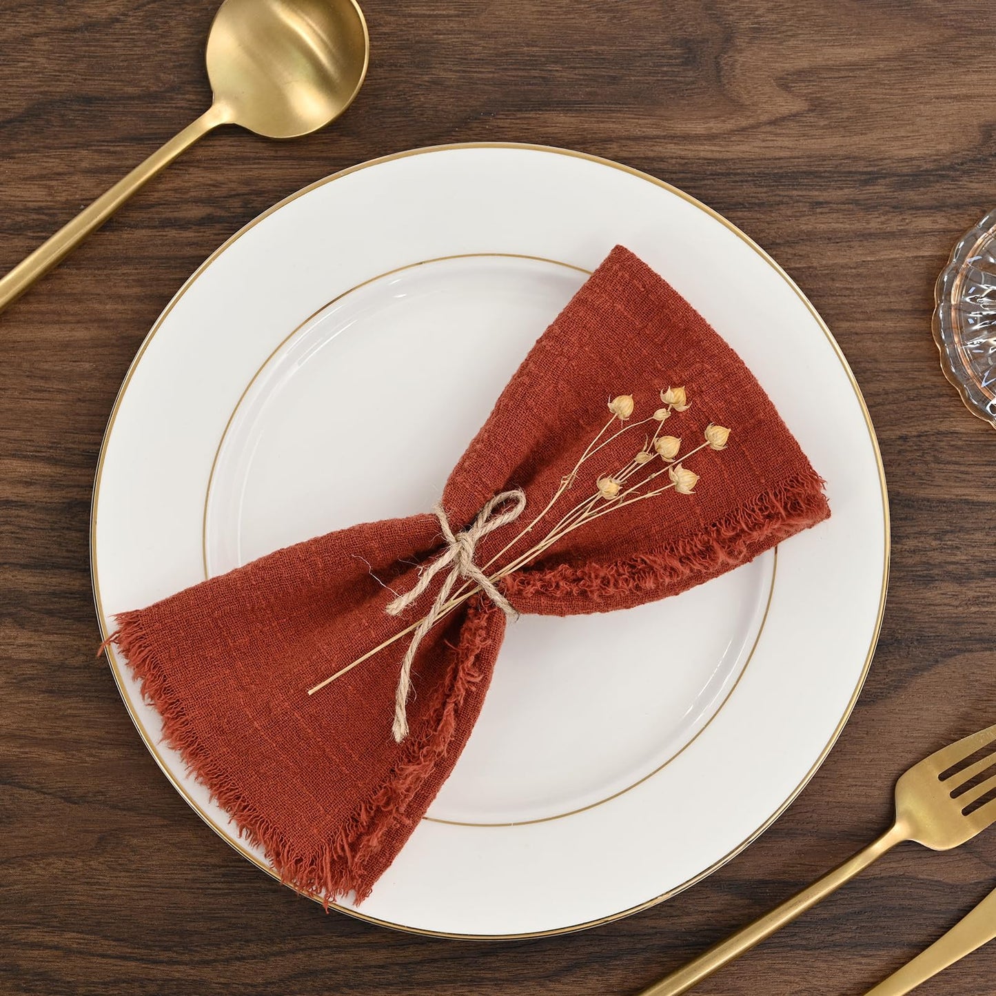 12 Pack Terracotta Napkins Cotton Linen Napkins 16 x 16 Inch Terracotta Cloth Napkin Handmade with Fringe Soft Washable Rustic Dinner Napkin Cloths for Wedding Party Dinner Table