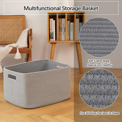 OIAHOMY XXLarge Rectangle Blanket Basket-96L, Cotton Woven Basket for Storage, Dirty Clothes Basket for Living Room, Nursery, Bedroom, Toy Organizing with Handle, 24" x 16" x 15", Grey
