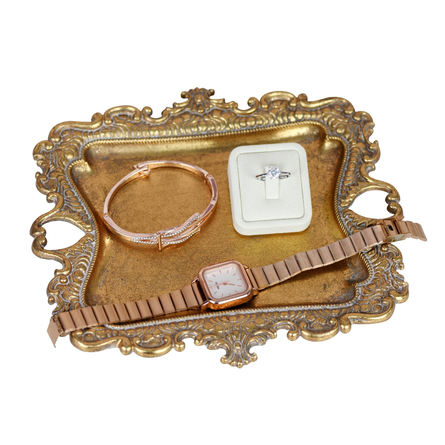 Funly mee Antique Trinket Dish Vintage Metal Jewelry Tray, Wedding Ring & Necklace Holder -8 x 7 inches (Gold, M)