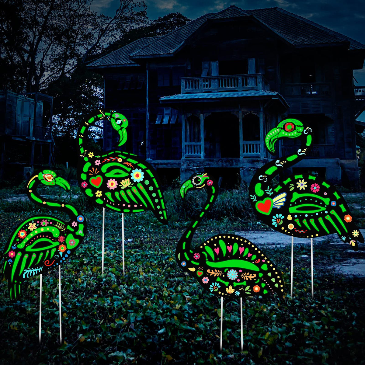 Amyhill 4 Pcs Halloween Glow in The Dark Skeleton Flamingo Yard Ornament with Stake Flamingo Outdoor Lawn Decor Scary Plastic Skeleton Yard Sign for Party