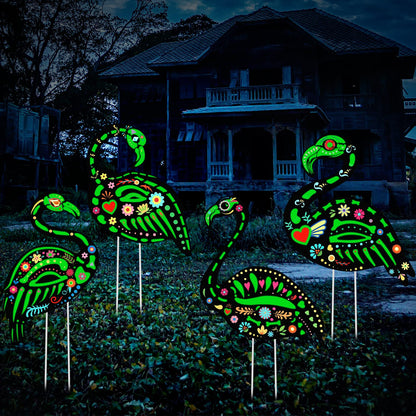 Amyhill 4 Pcs Halloween Glow in The Dark Skeleton Flamingo Yard Ornament with Stake Flamingo Outdoor Lawn Decor Scary Plastic Skeleton Yard Sign for Party