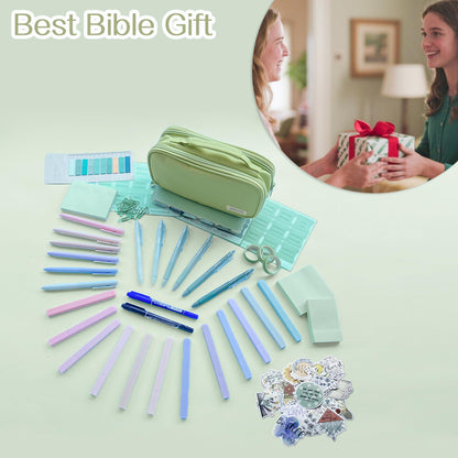 J6&H6 170Pcs Complete Bible Study Supplies Journaling Kit with Tabs, Highlighters and Color Pens, Notebook,Stickers & More Bible Accessories Set for Women, Beginner Christian Gifts(Green)