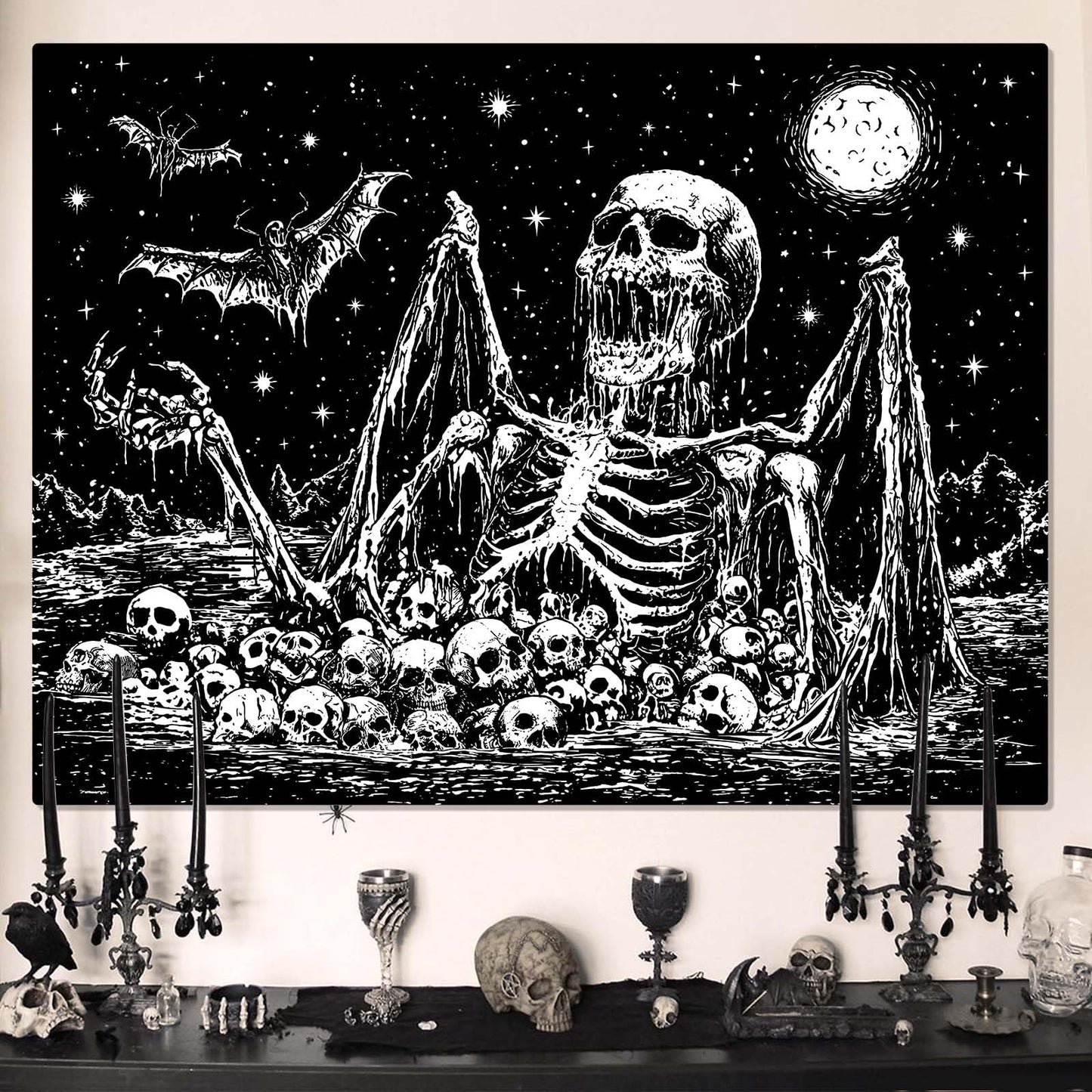 Gruaoihy Gothic Skeleton Tapestry, Horror Moon Skull Dark Death Bat Wall Art for Bedroom Grunge Room Decor, Black and White 44x60 inches