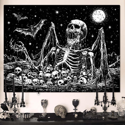 Gruaoihy Gothic Skeleton Tapestry, Horror Moon Skull Dark Death Bat Wall Art for Bedroom Grunge Room Decor, Black and White 44x60 inches
