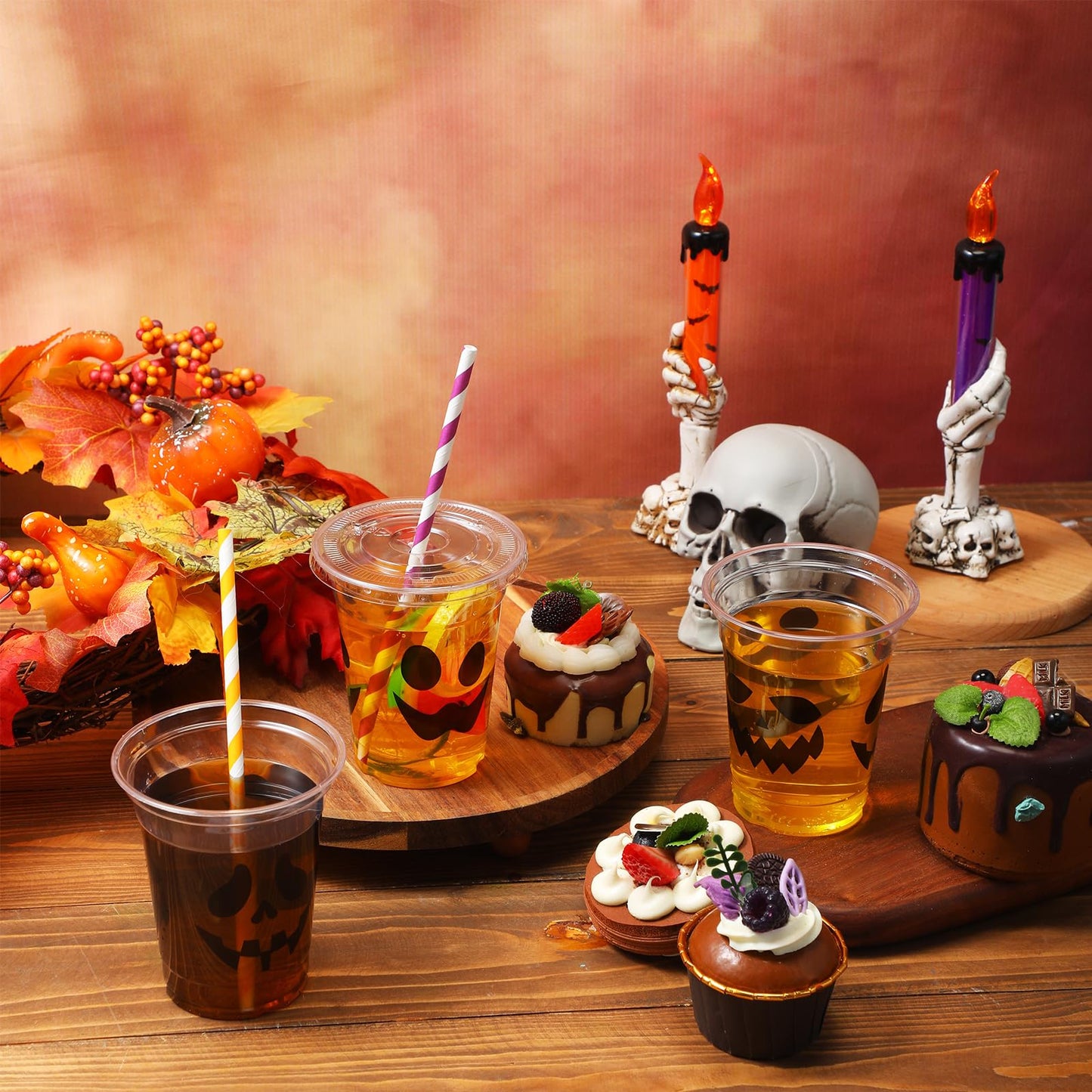 Suttmin 120 Sets Halloween Ghost Disposable Cups 12 oz Plastic Cups with Lids Disposable Drinkware with Paper Straws for Halloween Party Supplies Pirate Events Tableware Decorations Beverage Snacks