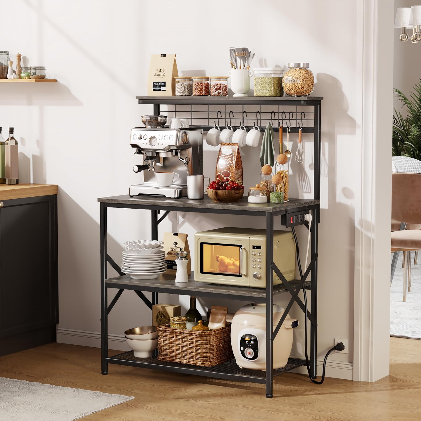 Furologee Kitchen Bakers Rack with Power Outlet, Microwave Oven Stand with Storage 4 Tiers, Coffee Bar Table with 6 S Hooks, Kitchen Storage Shelf Rack for Spices, Pots, Rustic Brown