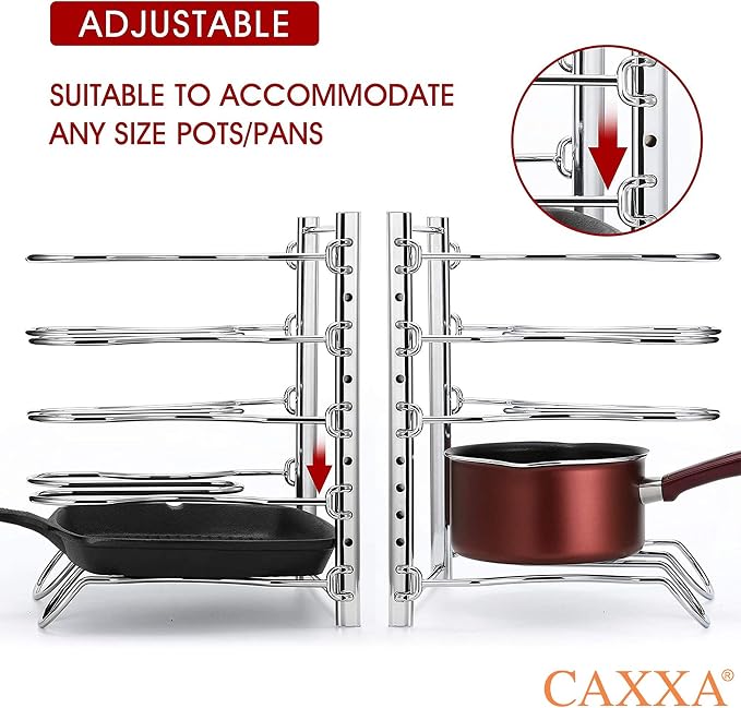 CAXXA Heavy Duty Pan Rack, Pot Lid Rack, Kitchen Cabinet Pantry Cookware Organizer Rack Holder with 5 Adjustable Dividers, Chrome (Pack of 2)