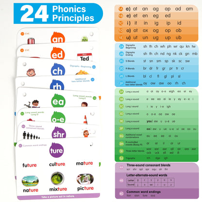 Phonics Flash Cards, 76 Cards 24 Principles, Learn to Read Phonics Games, CVC Digraphs Blends Long Vowel Sounds, Classroom Homeschool Educational Toys for Kids Ages 4-8 Kindergarten 1st 2nd Grade