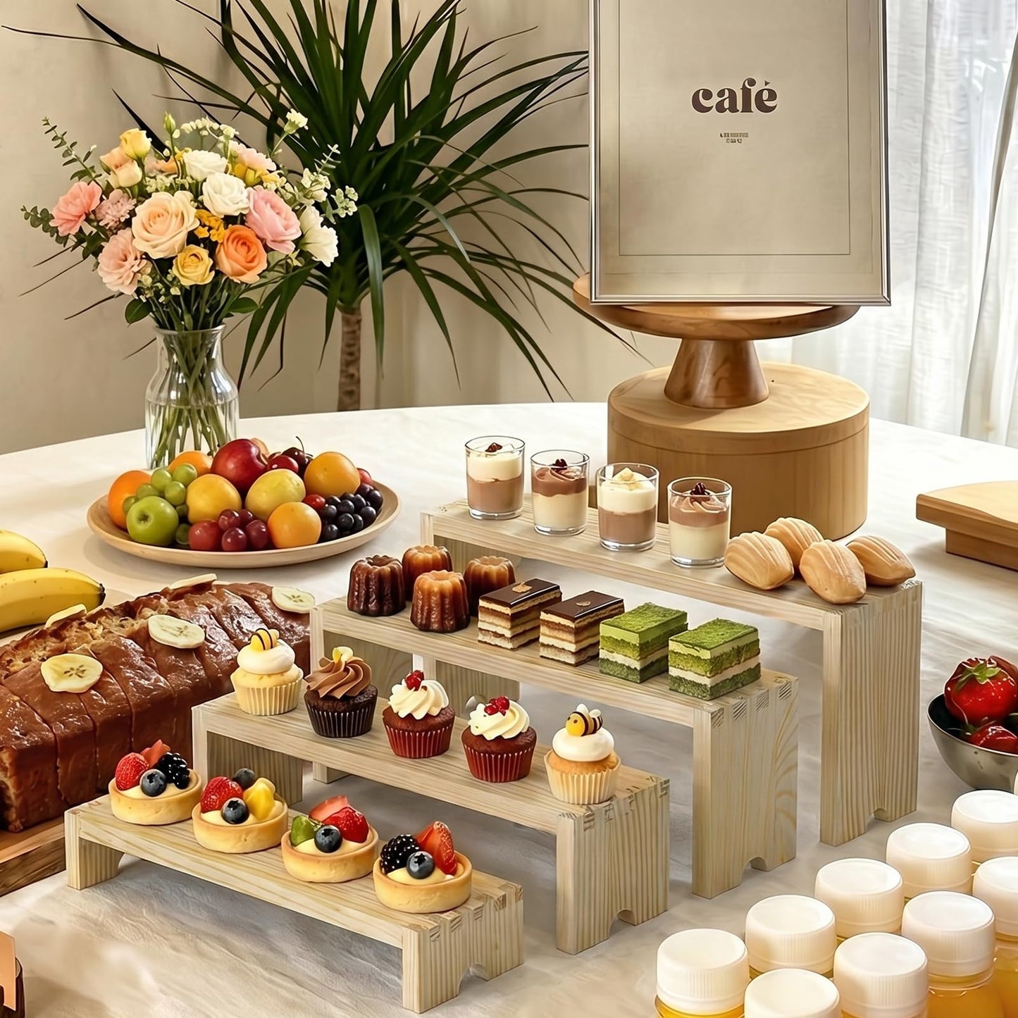 2 Set Wood Risers Tiered Display Stands Wooden Cupcake Stand Small Perfume Organizer Stackable Food Display Risers for Party Dessert Table Cologne Organizer Wood Risers for Decor Vendor, Nature