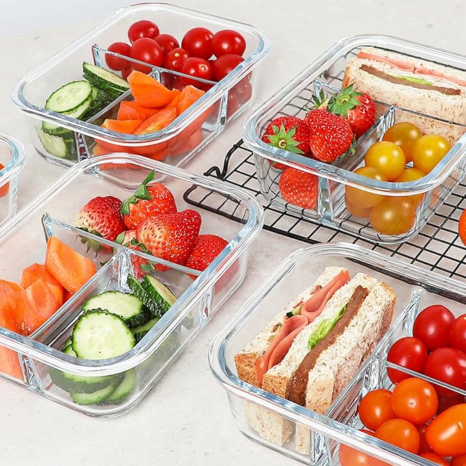 KOMUEE Glass Meal Prep Containers 3 Compartments, 5 Pack 36 oz, Glass Food Storage Containers with Lids, Airtight Lunch Bento Box, Portion Control, Freezer and Microwave Safe