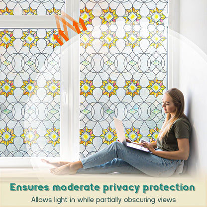 Oxdigi 3D Stained Glass Window Film - Static Cling Privacy Protection & UV Blocking, Floral Geometry Pattern 23.6x35.4 (No Residue, Reusable)