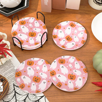 JarThenaAMCS 6 Pcs Halloween Coaster with Holder Pumpkin Ghost Anti Slip Cup Mat Pink White Orange Absorbent Ceramic Drink Coasters for Home Decor Table Protection