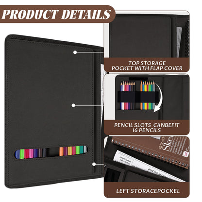 Plinyvel Travel Sketch Case & Cover: Leather Organizer Fits 5.5x8.5 Sketch Book & Spiral Pad | All-in-One Art Kit with Pencil Holder | Compact for Artists, Beginners & Travel (Black)