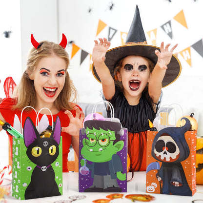 Pajean 18 Pcs Halloween Party Gift Bags Halloween Paper Treat Goodie Bags with Handles Mummy Skeleton Black Cat Candy Cookie Wrap Party Favors for Trick or Treat Favors Supplies