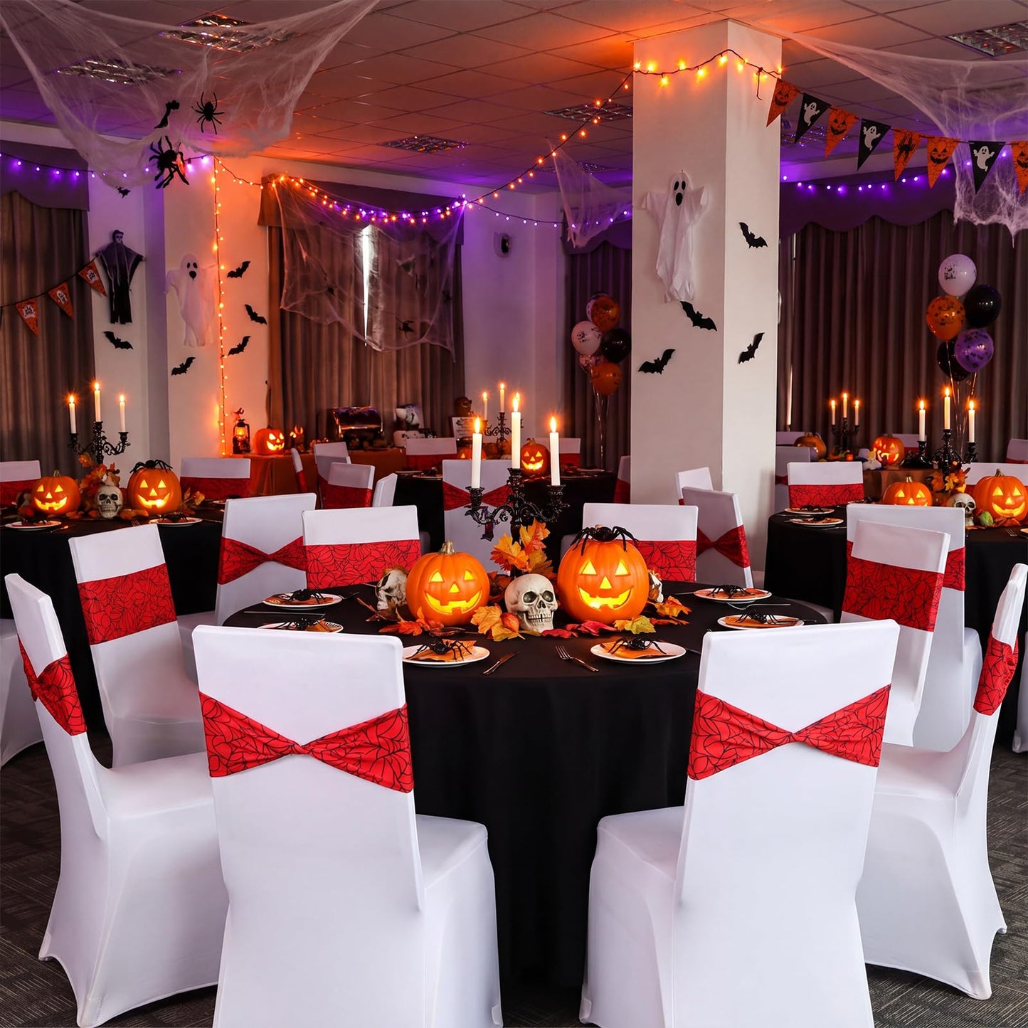 Newwiee 24 Pcs Spiderweb Spandex Chair Sashes Bows 6 x 14 Inch Stretch Chair Cover Bands for Halloween Party Events Ceremony Birthday