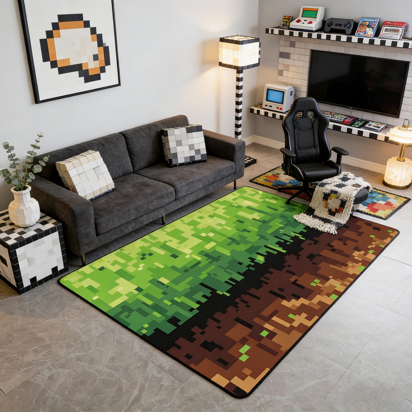 Manfei Pixelated Kids Area Rug,Patchwork Grid Video Games Indoor Floor Mat Entrance Rug for Girls Boys,Miners Lattice Simple Non Slip Rug,Brown Green Couch Living Room Decor,5'x6'6''