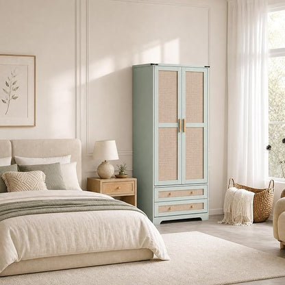Brafab Armoire Wardrobe Closet with 2 Rattan Doors Set of 2, 71" Vintage Tall Freestanding Coat Closets with Drawers and Hanging Rail, Wooden Armoires Storage Cabinet with Shelf for Bedroom