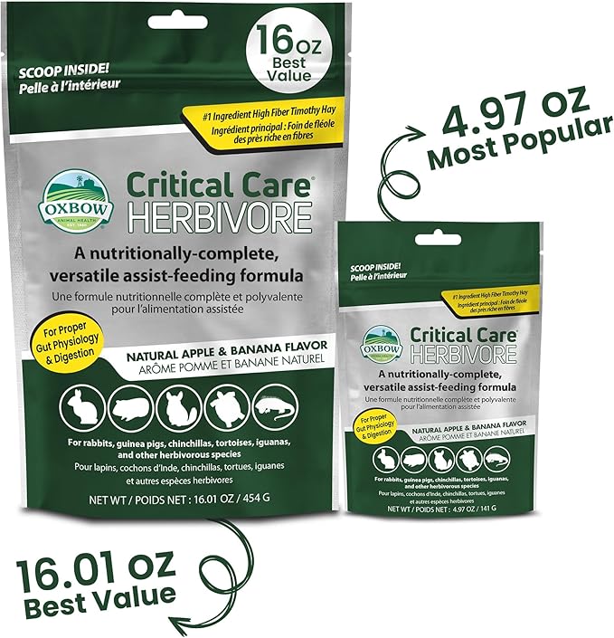 Oxbow Critical Care Herbivore Assist Feeding Formula for Rabbits & Guinea Pigs, High Fiber Timothy Hay Recovery Food, Natural Apple Banana Flavor, Vet Recommended Emergency Nutrition, 454g 2 Pack
