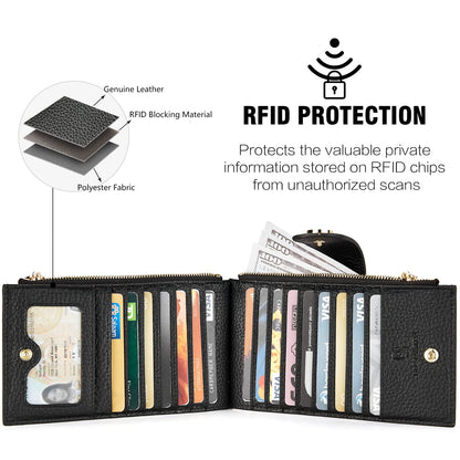 BOSTANTEN Leather Wallets for Women Large RFID Blocking Slim Bifold Purse Card Holder with Zipper Pocket Black