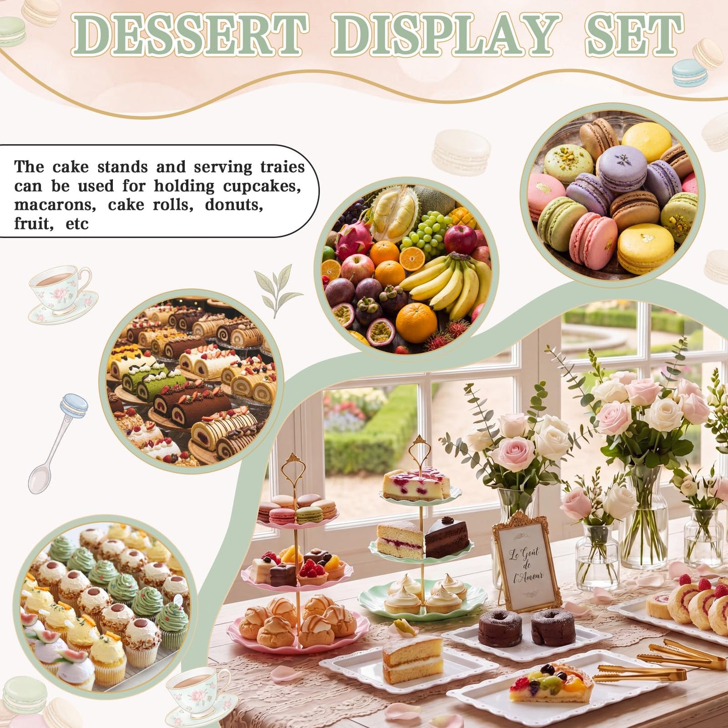 Remerry 16 Pcs Dessert Table Display Set 3 Tier Cupcake Stands Tower Holder Plastic Cookie Serving Trays Gold Serving Tongs for Tea Party Wedding Baby Shower Birthday Table Display (Pink and Green)