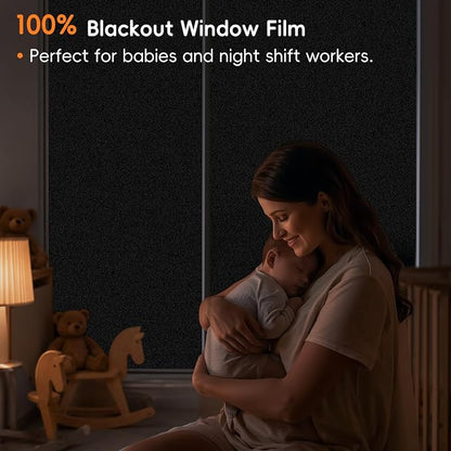 Blackout Window Privacy Film, Removable Window Cover Static Cling, Darkening Light Heat Blocking, Window Tint for Home Garage Bedroom Day Sleep, Black 17.5 Inch * 78.74 Inch